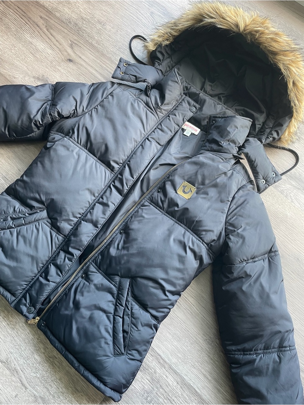 True Religion Black Faux-Fur Trim Hooded Puffer Jacket Sz.S